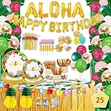 UJOYANT 323 Luau Party Decorations, Hawaiian Party Decorations Kit For Adults - 'ALOHA'&'HAPPY BIRTHDAY' Banner, Balloons, Cake Topper, Straws, Table Skirt, Dinnerware Set For 25 Guests