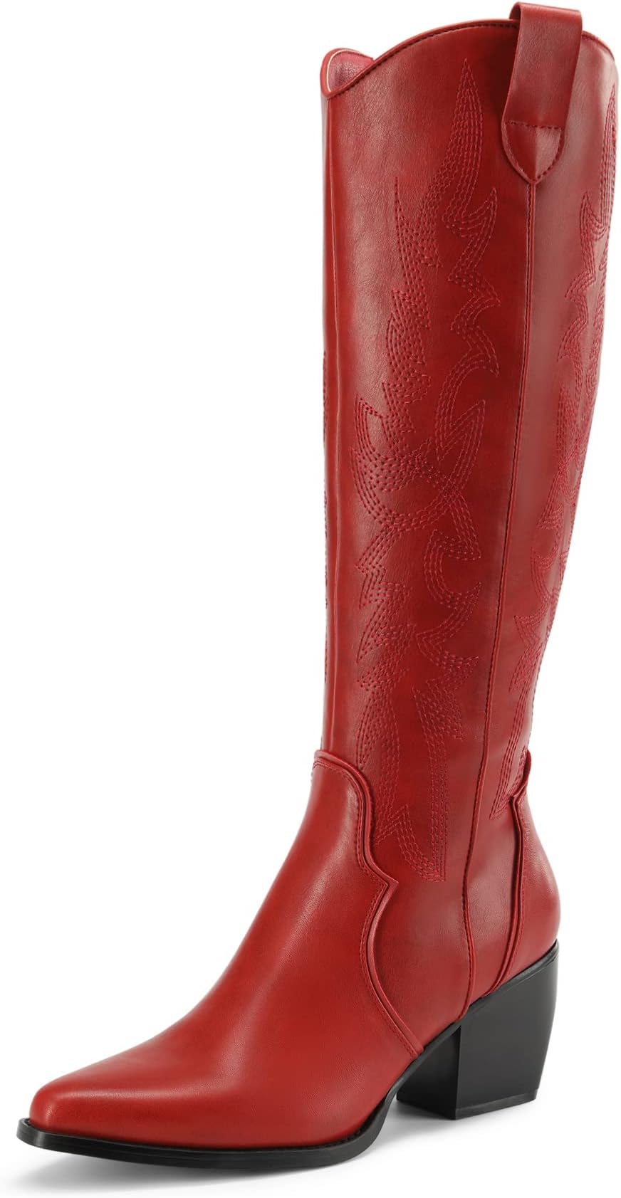 DREAM PAIRS Womens Cowboy Boots Wide Calf Comfortable Pull On Zipper Chunky Heel Pointed Toe Embroidered Western Cowgirl Knee High Boots Ladies Retro Tall Boot