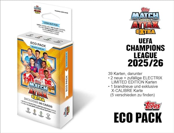 Topps Match Attax EXTRA 2025/2026 – ECO‑Pack 39 Karten 2 Electrix Limited Editions + 1 Exklusive X‑Calibre Karte UEFA Champions League Trading Cards - 5
