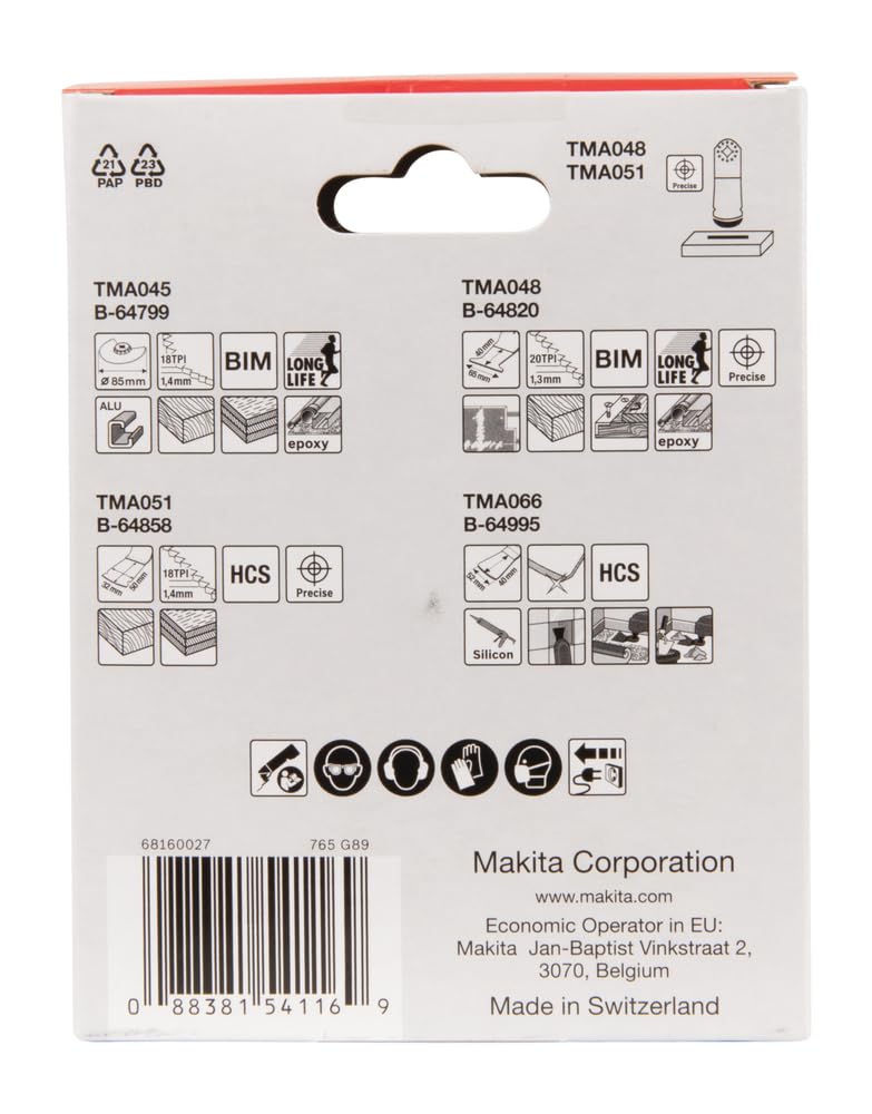 Makita B-67505 Starlock Fussboden-Set 4-tlg. für Holz, Holz mit Nagelrückständen, Aluminium, Epoxid, Gipskarton, Silikonfugen, Leim, Teppichreste, TMA045, TMA048, TMA051, TMA066