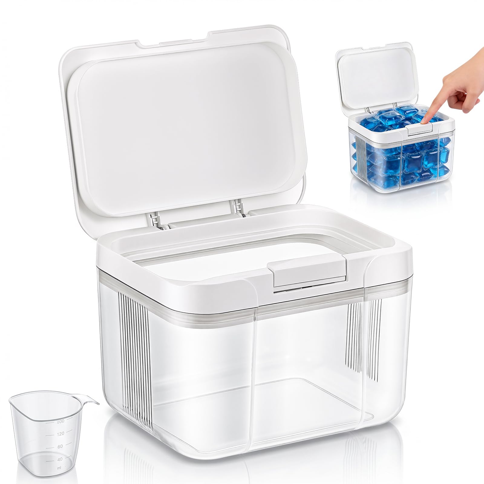 JIZZU Scatola di immagazzinaggio di Pods Detersivo 2,9 L, Dispenser per detersivo liquido in acrilico trasparente, con dosatore e chiusura ermetica, per detergente, perle e booster di profumo