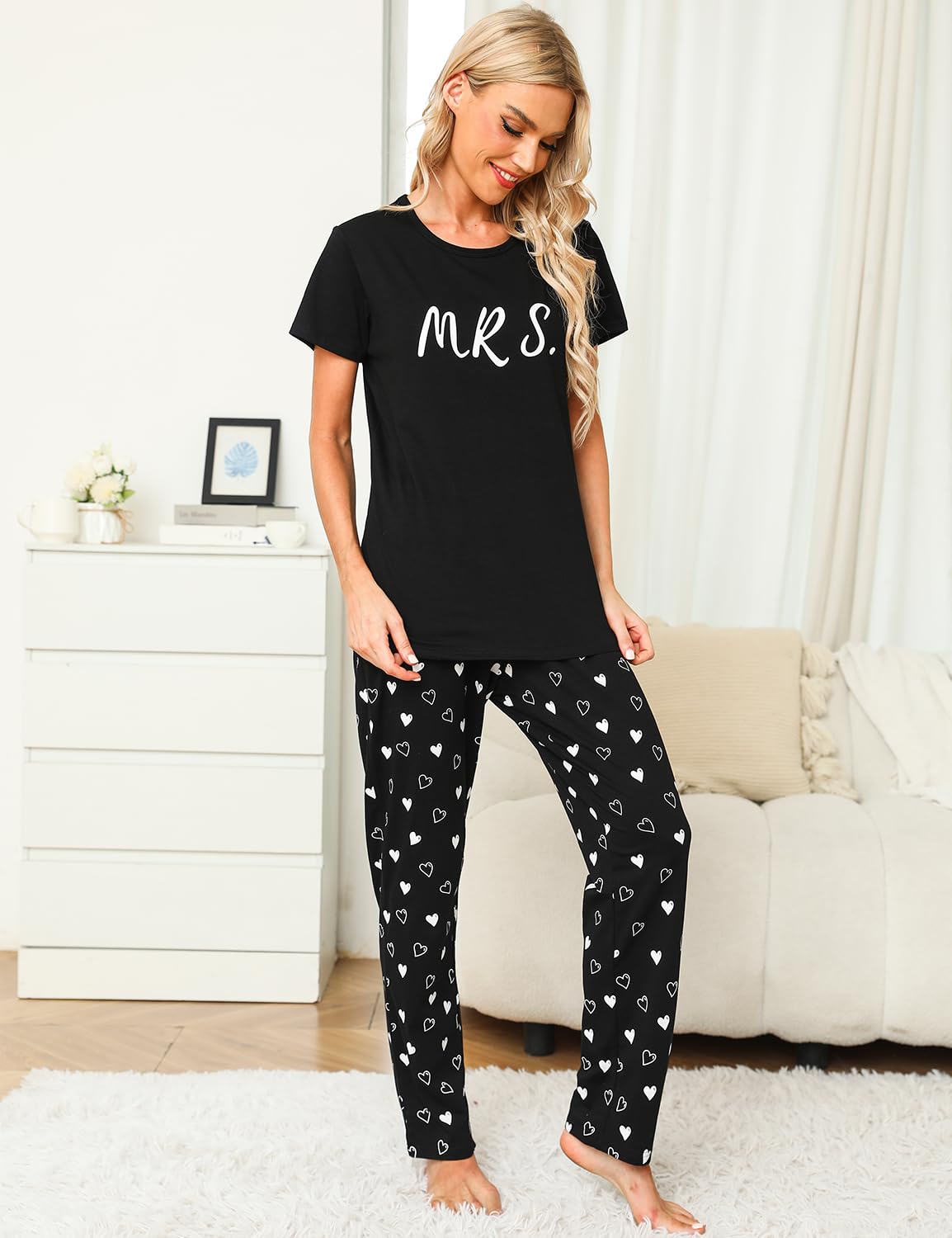 EISHOPEER Pijamas de algodón a juego para parejas, lindos conjuntos de pijama de manga corta y pantalones largos