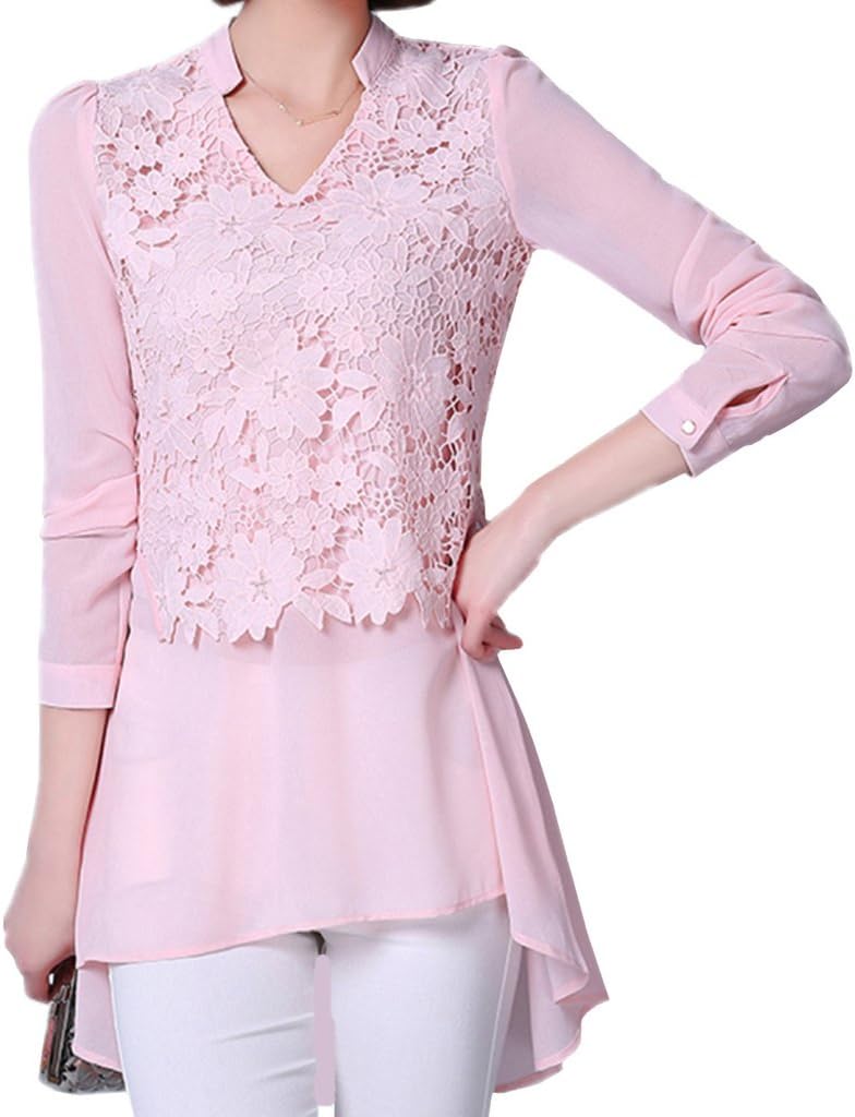 Women Blouse Lace Chiffon Casual Party Work Pink Long Sleeve Blouses Tops