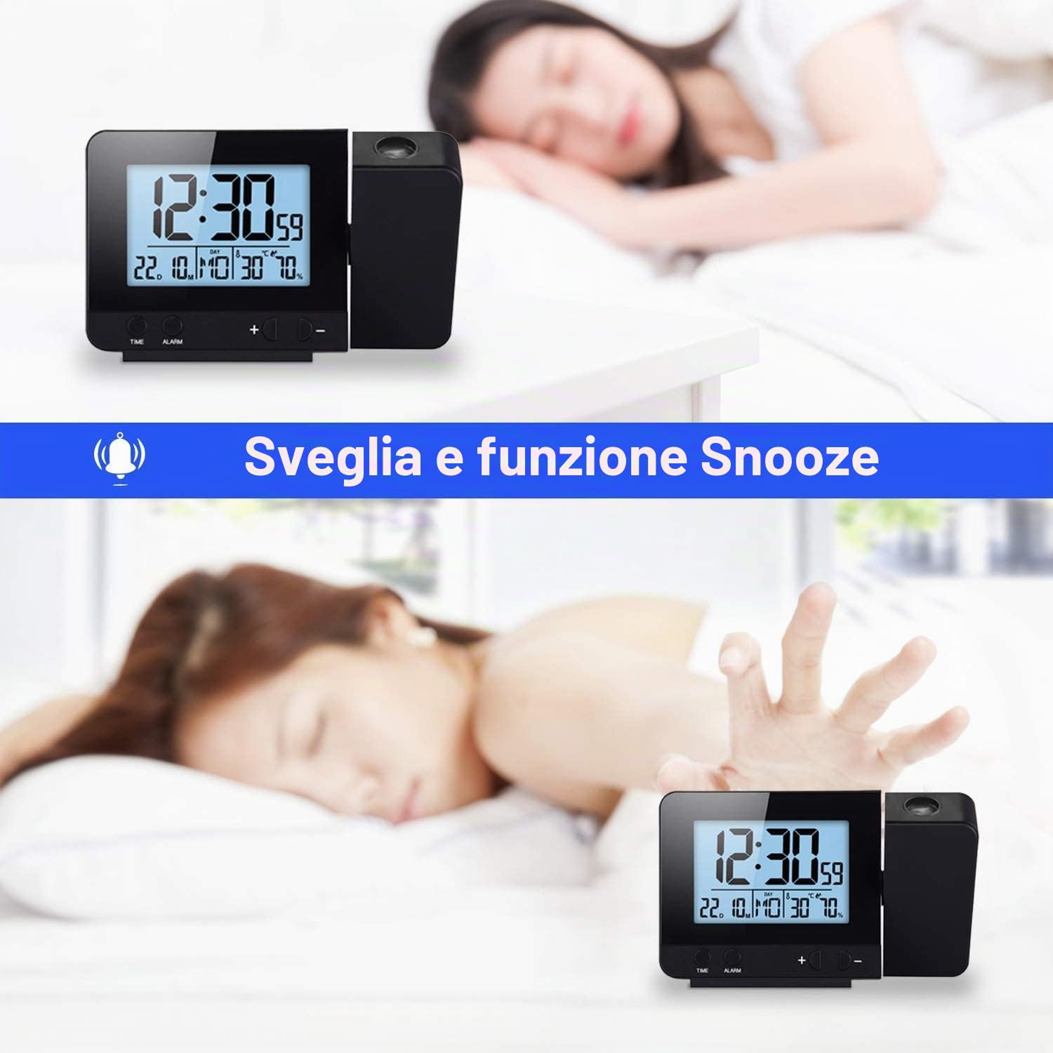 Houkiper Sveglia con Proiettore, Sveglia Digitale Da Comodino a Pile Sveglia Luminosa, Orologio Digitale Da Comodino Oorologio Con Proiezione Ora Temperatura Soffitto (nero)