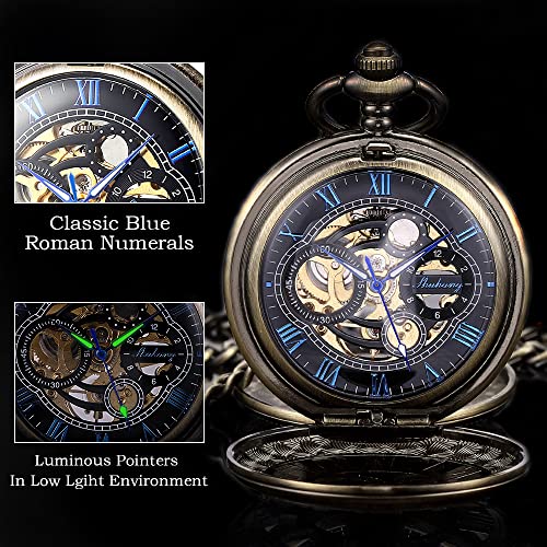 Image of SIBOSUN Pocket Watch Skeleton Mechanical Double Case Hand-Wind Bronze Blue Roman Numerals Antique Chain Box + I Love You Gift Card You are The Best Thing