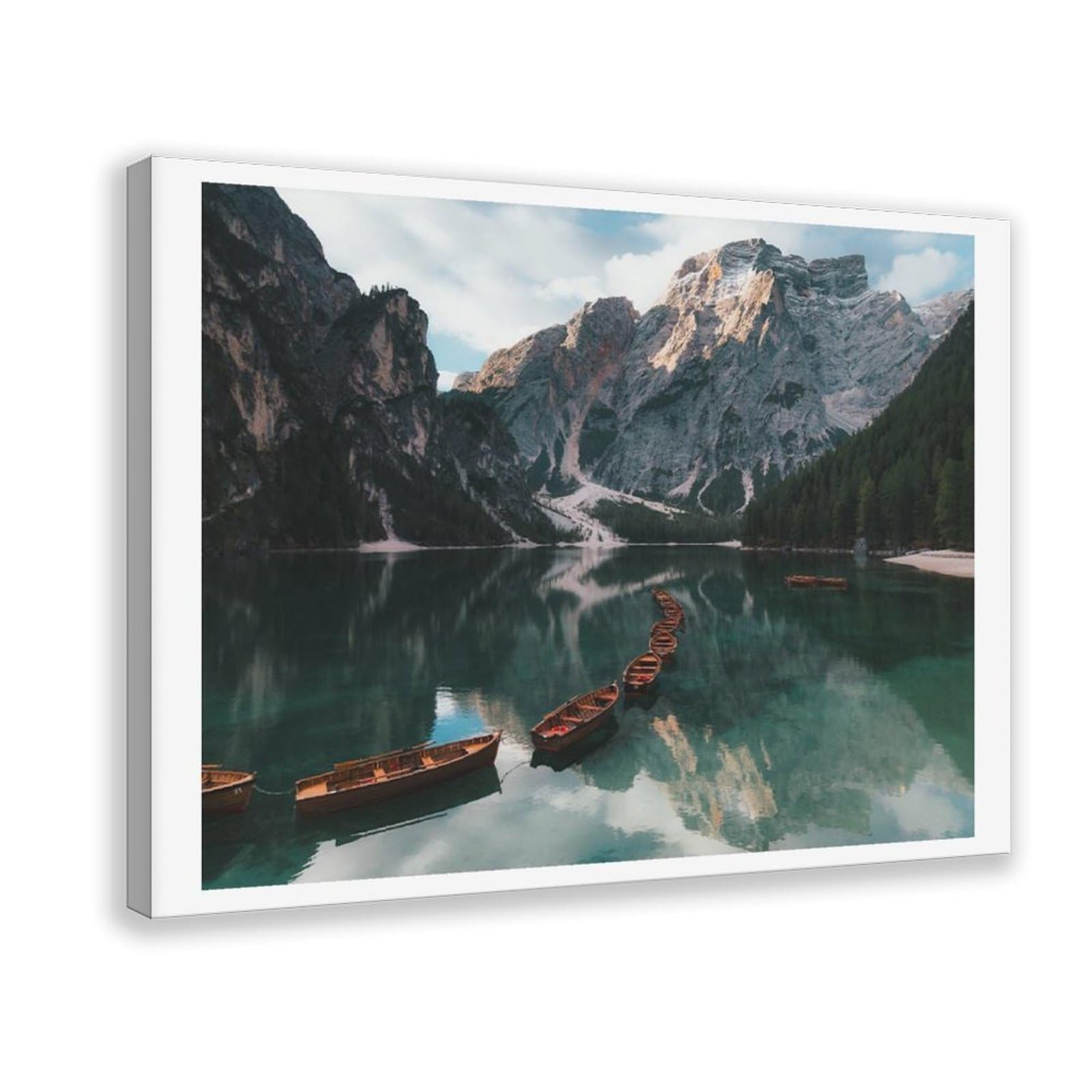 HEYANM Braies Lake Print Dolomites Mountain Landscape Italian Alps Canvas Poster Bedroom Office Room Decor Gift Frame 20x30inch