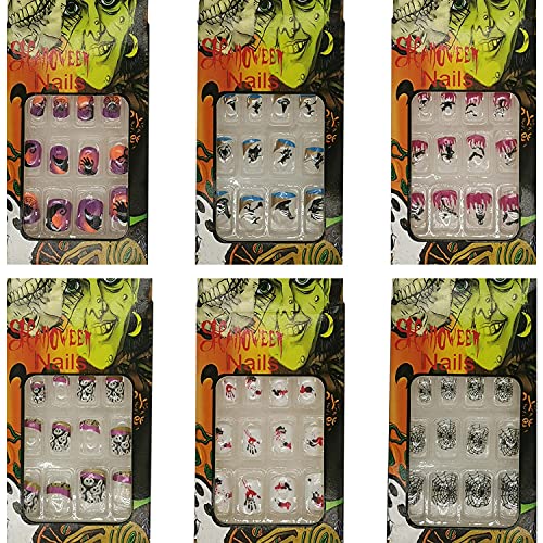 6 Boxes Halloween Press on Nails 72 Pieces Colorful Ghost Cobweb Short Artificial Pre-glued Fake Nail Tips Kit for Women Girls Salon Nail Art DIY Supplies