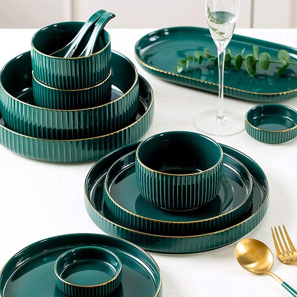 磁器プレートとボウルセット、家庭用または特別なレストラン用の食器セット、セラミックディナーセット、60個のライトラグジュアリーグリー