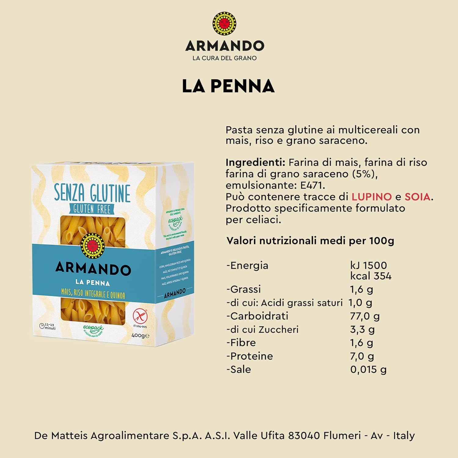 Armando, La penna senza glutine, Pasta sin gluten con multireals con maíz, arroz entero y quinua – Penne sin gluten 12 x 400 g + Polpa italiana Gourmet 400 g