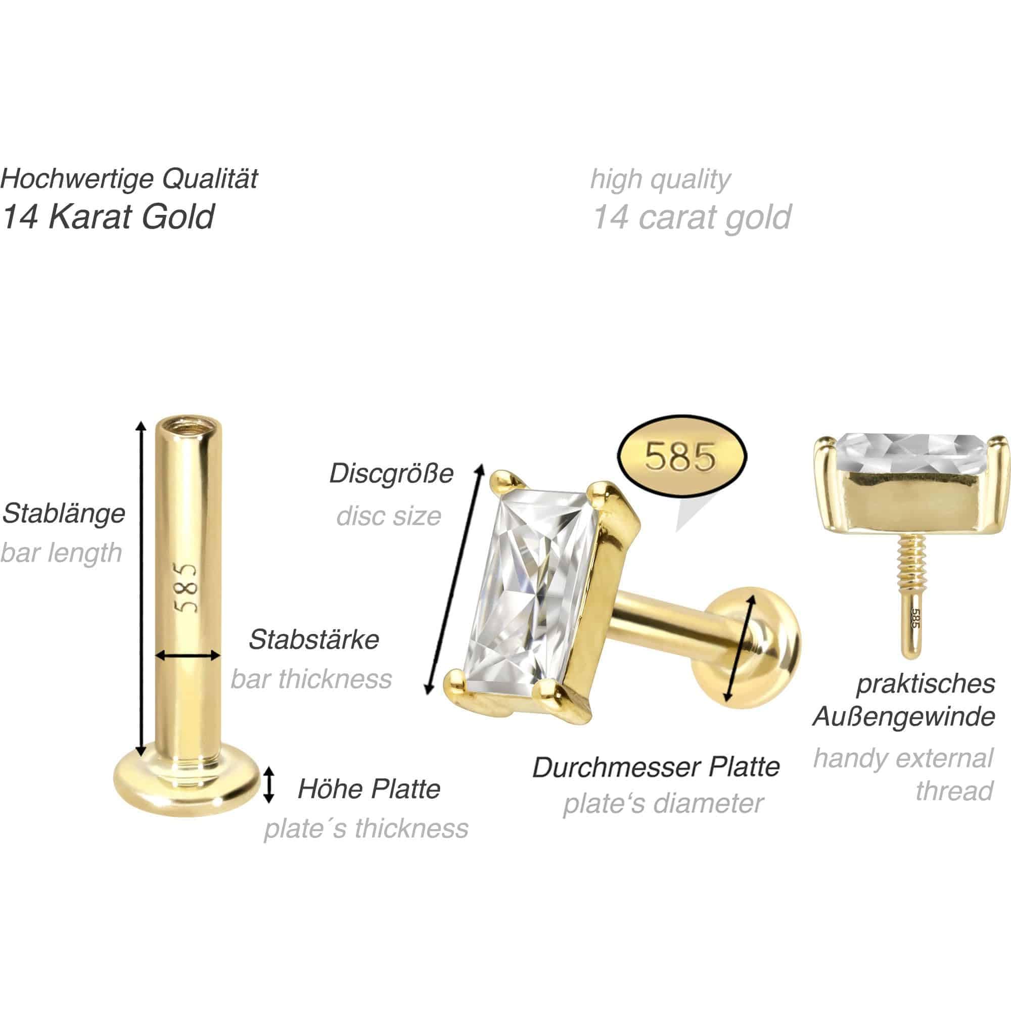 PIERCINGLINE Piercing Stecker 14 Gold Labret mit Innengewinde MOISSANIT-RECHTECK 585er Gold - Roségoldfarben, Goldfarben, Silberfarben