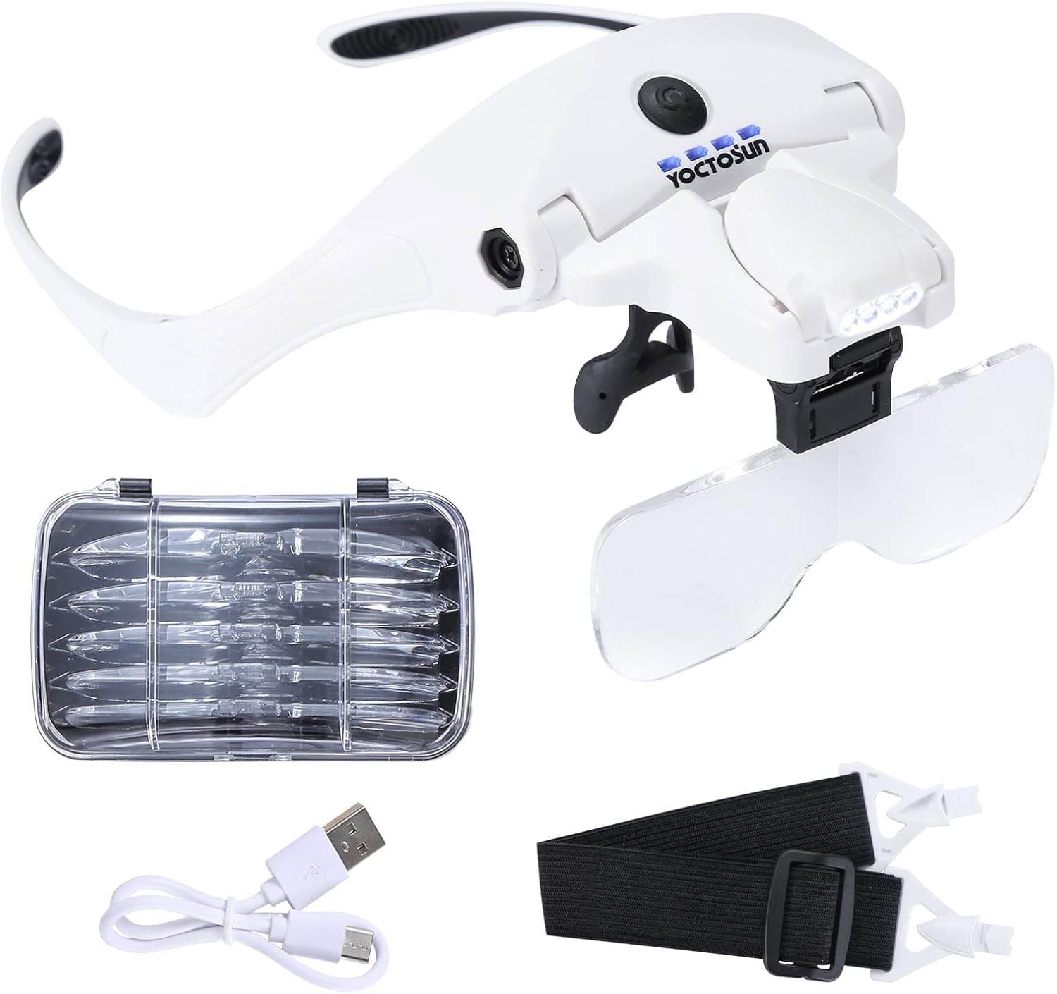 Lupenbrille mit Licht, USB Ladung mit 4 LED Licht und 2 Einstellbarer Helligkeit, Stirnlupe mit Beleuchtung, Lupenbrille für Brillenträger, Kopflupe 5 Linsen 1,0X 1,5X 2,0X 2,5X,3,5X