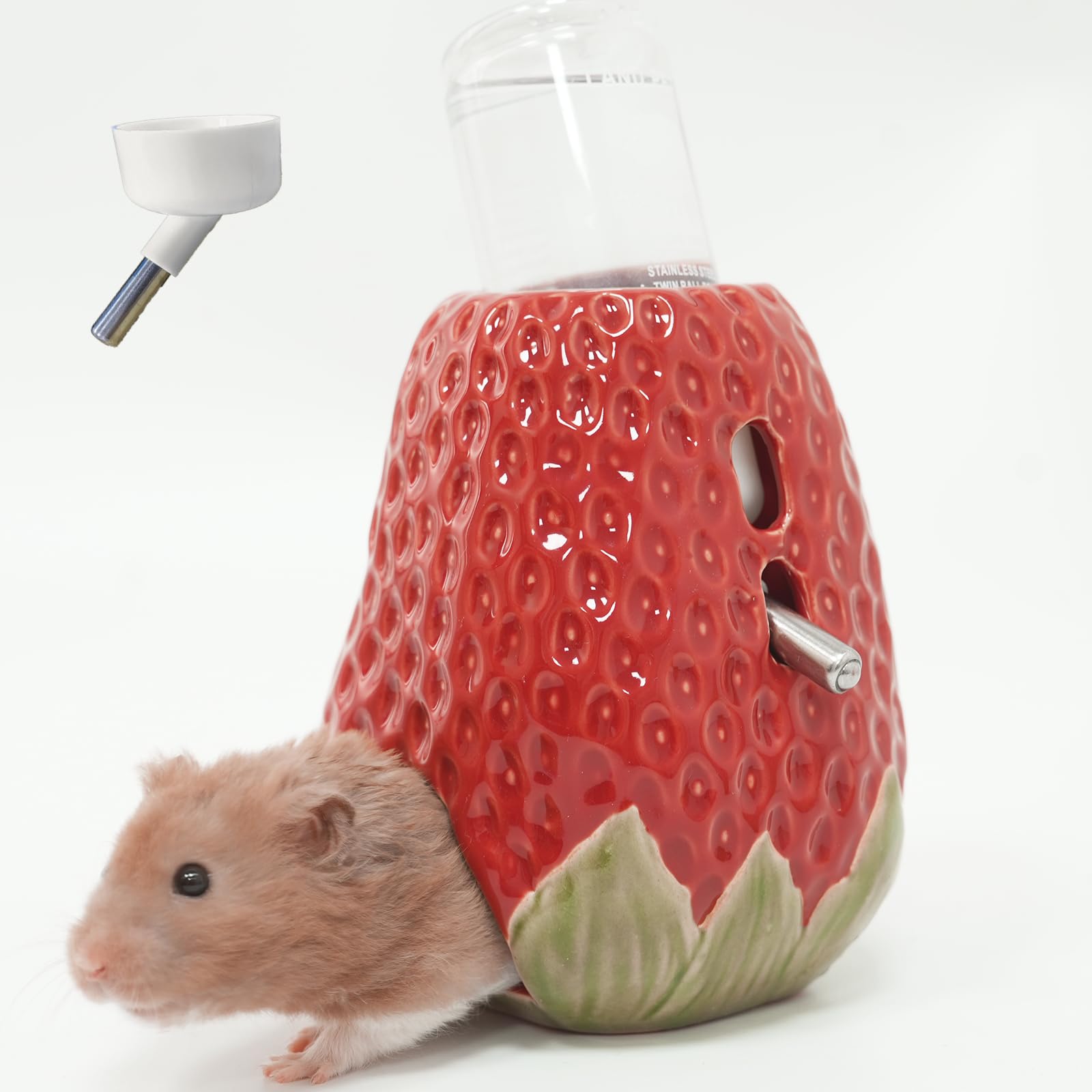 Hamster Water Bottle, Strawberry Ceramic Hamster Gerbil Water Bottle for Glass Tank, Dispenser, 80ML Bottle for Water Holder Stand with 2 No Drip Caps