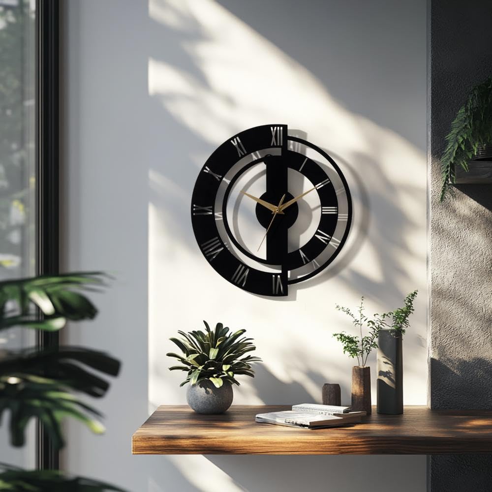 Wakefit Metal Analog Wall Clock Medium | 16 Inch | Laser Cut Abstract Home Decor & Gifting Option | for Living Room Study Bedroom & Office | Shadowfall D400