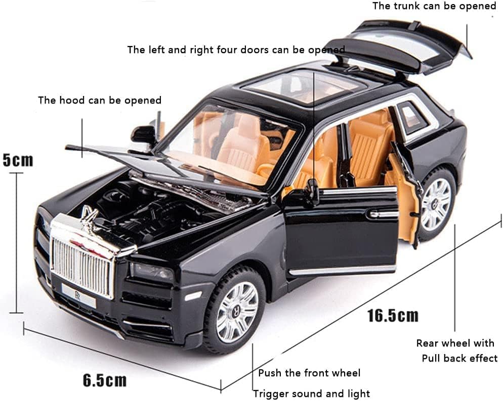 Image of 1:32 Diecast Rolls Royce Cullinan Toy Car Alloy Metal Vehicle with Pull Back Action Openable Doors Lights & Music Gift for Boys Girls Kids & Collectors (Black)