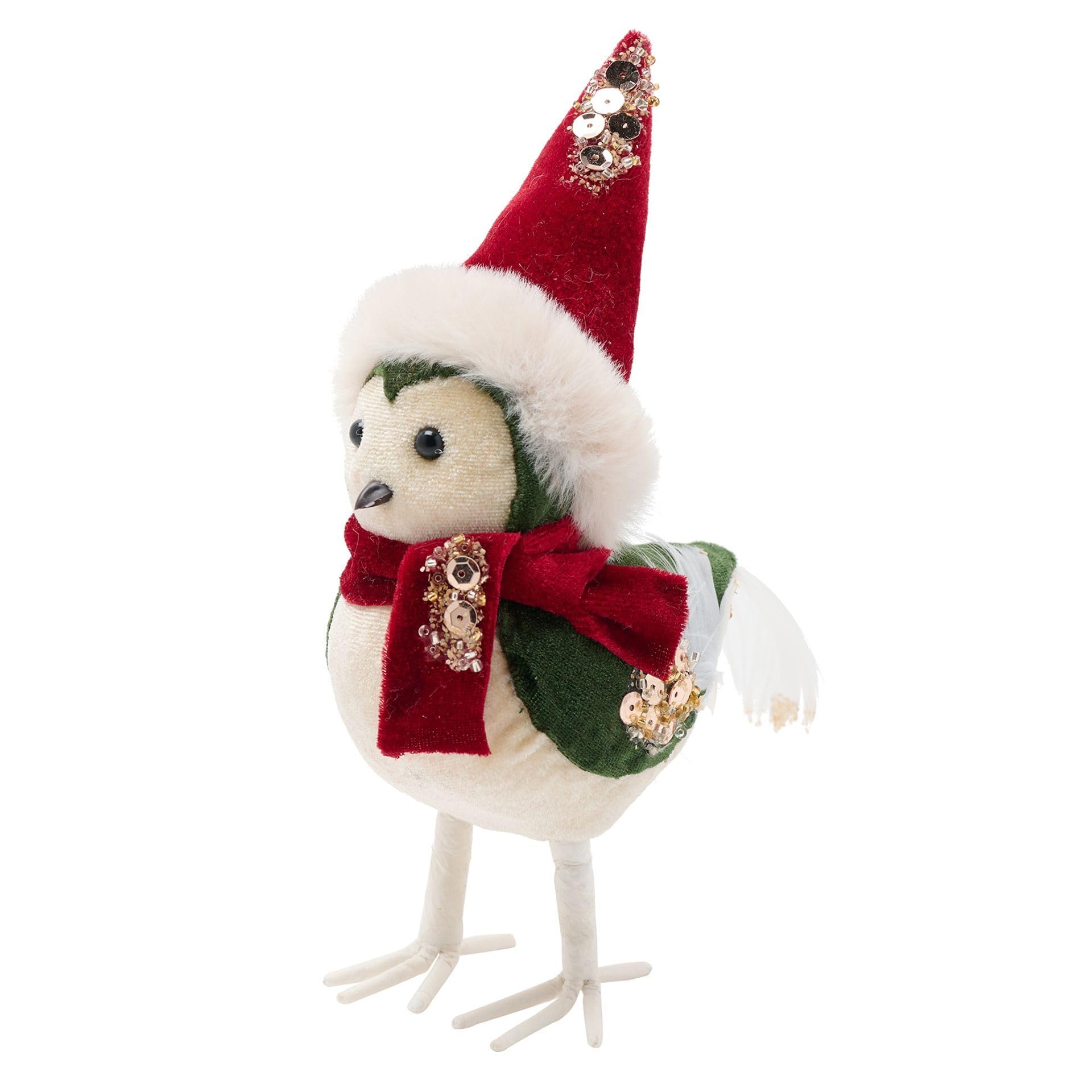 Widdop and Co. - The Seasonal Gift Co. - Red Velvet Bird With Santa Hat Figurine Christmas Ornament Decoration. Red, Gold & Green Xmas Homeware Indoor Festive Holiday Room Decor.