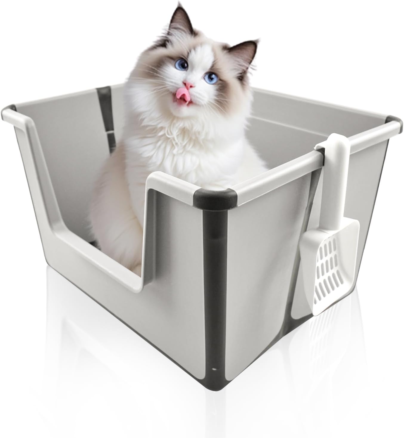Collapsible Low Entry Litter Box, Splash Proof Open Top Litter Box Portable Foldable Cat Bedpan Travel with Shovel High Side Low Entry Cat Toilet Suitable for Small to Medium Sized Cats (Gray)