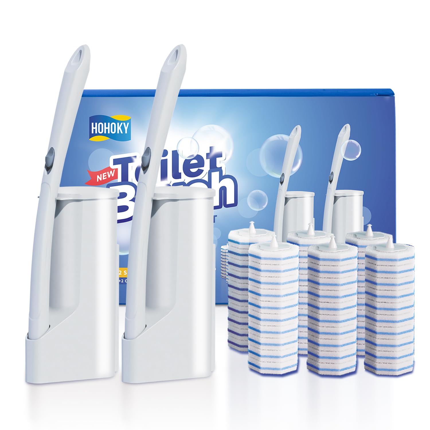 Hohoky Disposable Toilet Brush Cleaning System, Two Sets of Wands and 60p Refills Pads Replacement Heads, Wall Mounted Toliet Stick Wand Starter Kit