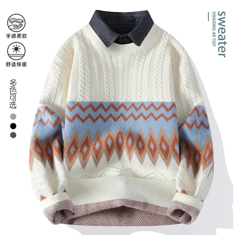 Men Winter Fake Two Pieces Thick Sweater Men Youth Sweaters Autumn Men's Wool Casual Knitwear Pullover2