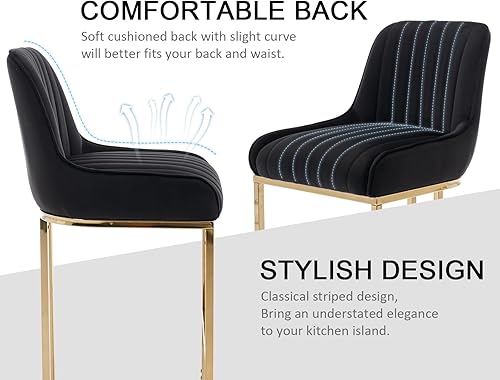 Miniatura 4 de CIMOTA Juego de 2 taburetes de bar negros y dorados con respaldo, taburetes de cocina modernos, sillas de isla de terciopelo, cómodos taburetes de