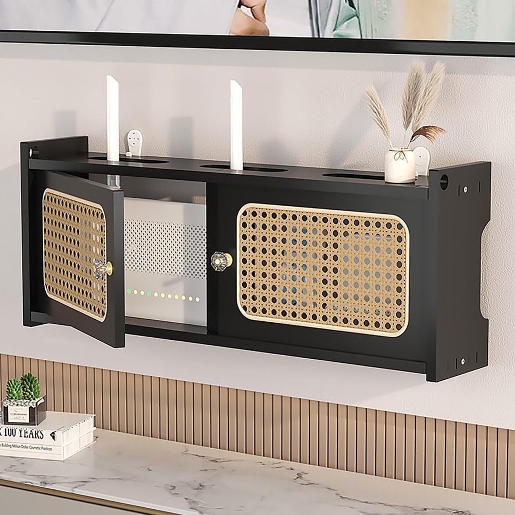 Boîte de rangement murale pour routeur WiFi – Étagère en rotin pour la maison et le bureau – Cache-routeur gris 60 cm – Étagère murale élégante sans fil