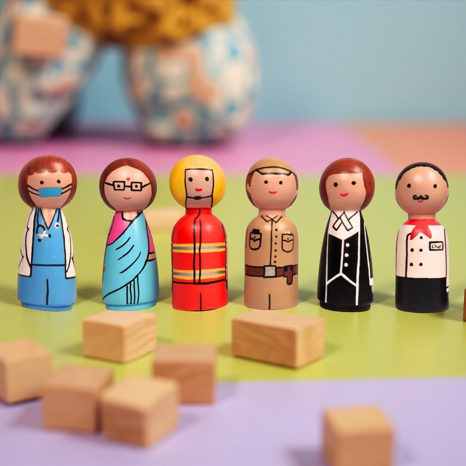CHANNAPATNA TOYS Peg Dolls Wooden Essential Workers/Community Helpers Pretend Play Figurines for Kids & Toddlers (2 Years+) - Pack of 6 pcs 6 Professions - Open Ended Toys