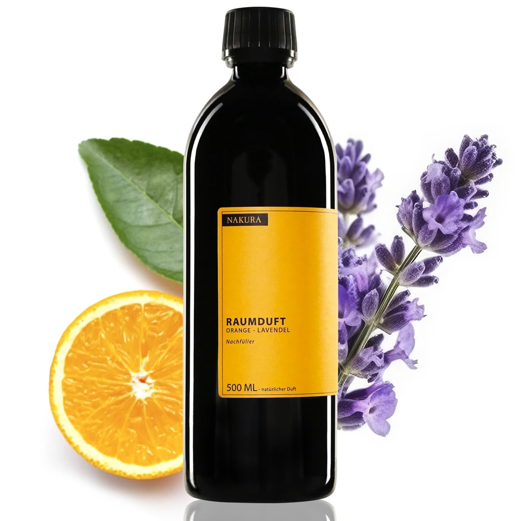NAKURA® Bio Refill ORANGE – LAVENDEL 500 ml – Nachfüllflasche für Reed Diffuser & Raumspray – Violettglas – inkl. 15 Diffuserstäbchen – 100% naturreine ätherische Öle, ohne synthetische Duftstoffe