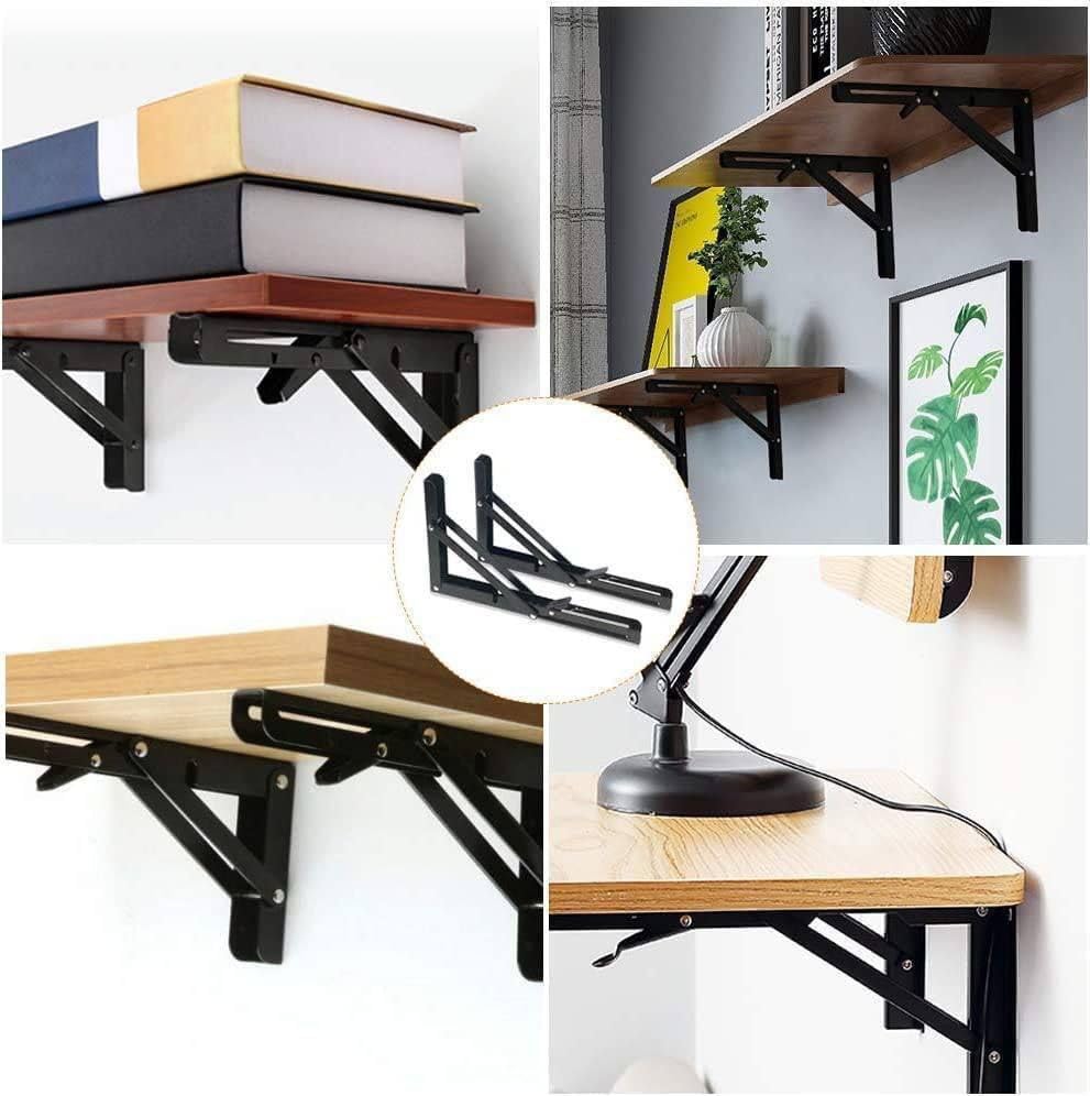 Falshruti-Folding Shelf Brackets Heavy Duty Wall Mounted Foldable Bracket Space Saving Collapsible Support for Table Bench Desk Kitchen Shelf (Set of 2) 3