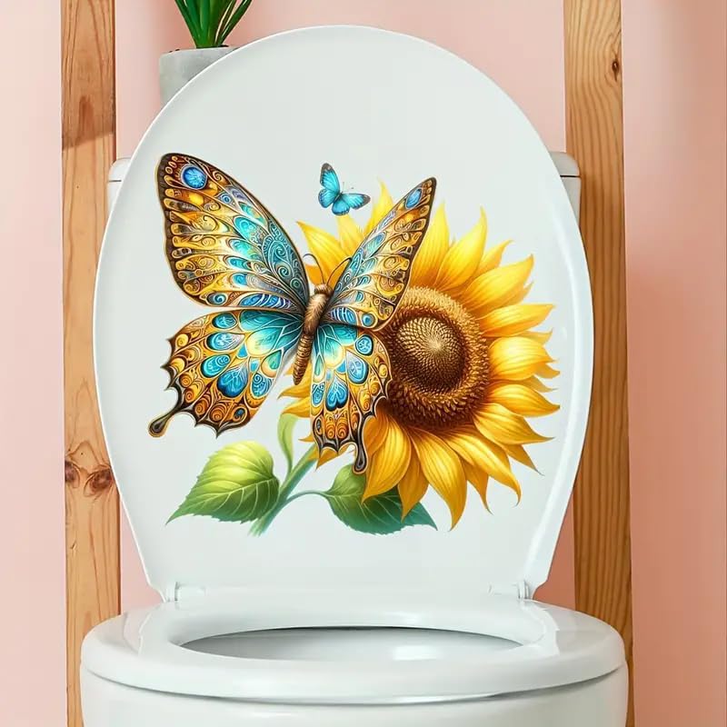 Charming Butterfly & Sunflower Toilet Cover Sticker Decals,Fish Bird Flower Leaf Waterproof Toilet Lid Tank Seat Decals Cistern Self-Adhesive Bathroom Wall Sticker
