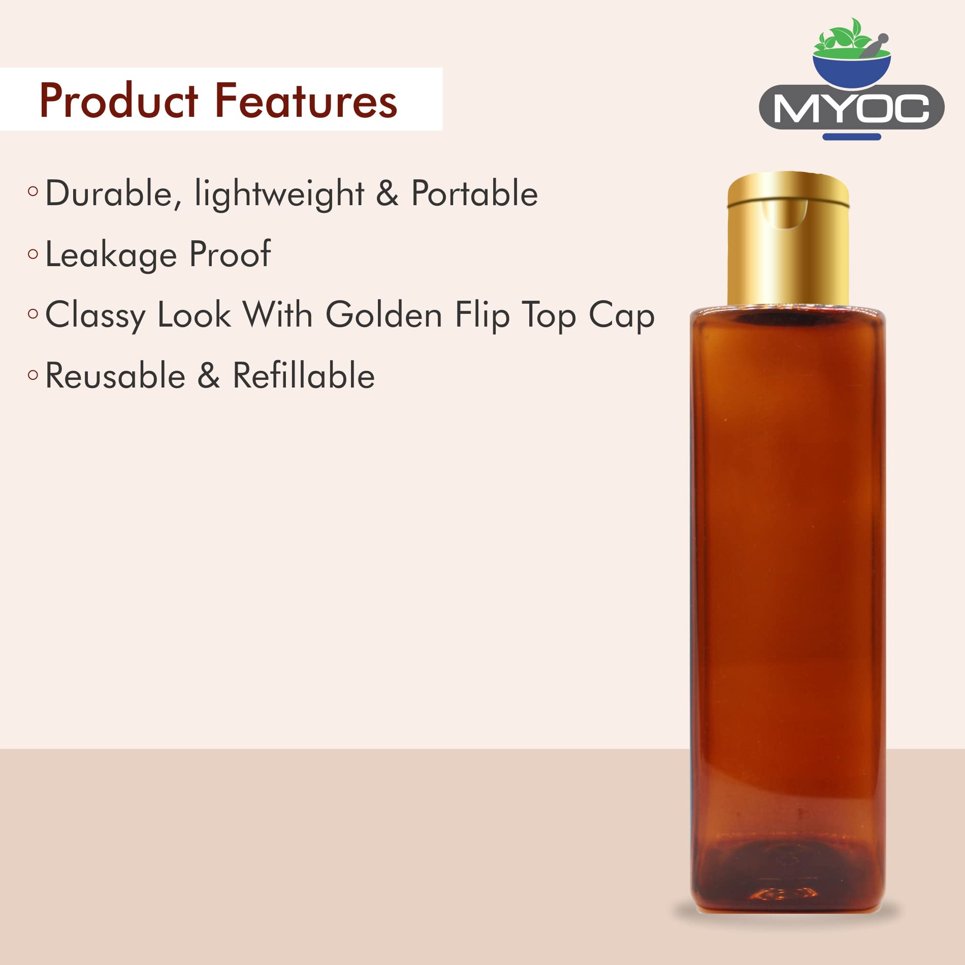 MYOC Amber PET Square Bottles with Flip top cap Pack of 6 β 200 ml Empty Refillable Flip Top Bottles for Shampoo, Lotion, Body Wash, Hair Oil & DIY Cosmetic Storage