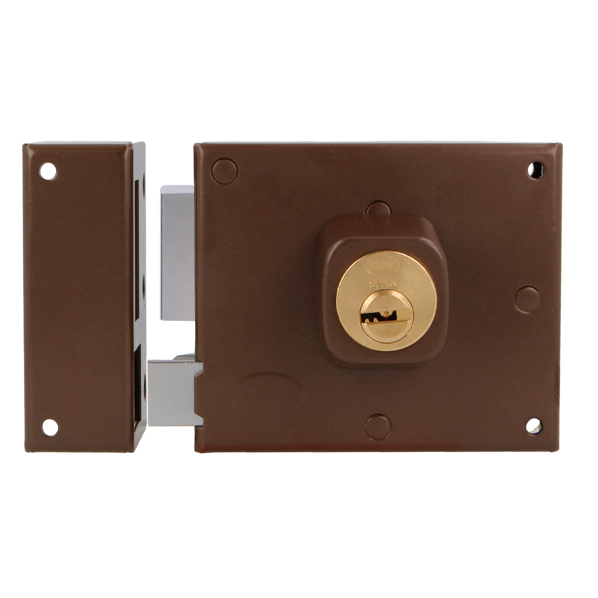 Amig - Serratura Sovrapposizione Sinistra Mod. 72 - Con leva, linguetta e maniglia - Sicurezza migliorata con cilindro rotondo, per porte in legno, marrone, 100 x 85 mm