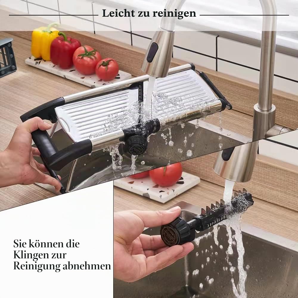 Mandolinenschneider, Gemüsehobel für Küche, Mandoline, Kartoffelhobel, Gemüseschneider, verstellbarer Edelstahl, Gemüse, Zwiebeln, Tomaten, Julienne-Schneider mit schnittfesten Handschuhen (Silber)