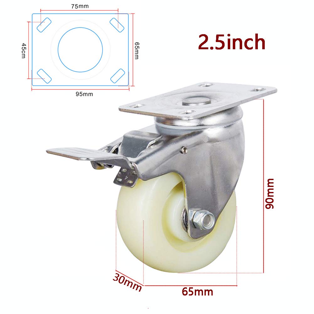 Ruote girevoli per carichi pesanti, 125 mm, 5 pollici, 480 kg, in nylon, con piastra girevole, ruote industriali silenziose con freno, per mobili da fabbrica, carrelli da tavolo (bianche, 2,5 pollici,