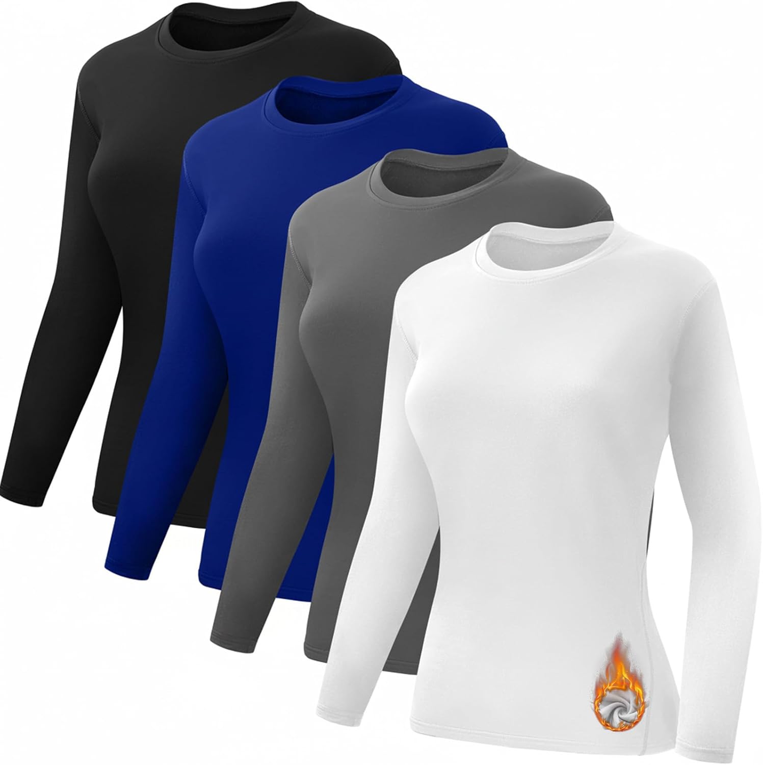 Coume 4 Pack Women's Thermal Shirts Fleece Lined Compression Crew Neck Long Sleeve Base Layer Tops Cold Weather