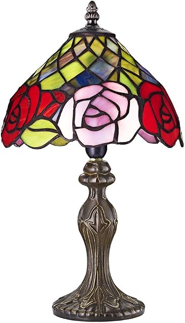 Red and Pink Rose Decorated Stained Glass Tiffany Lamp by Happy Homewares