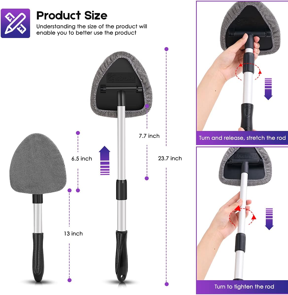 AstroAI Car Window Cleaner, 4 Reusable and Washable Microfiber Pads, Windshield Cleaning Wand Tool with Telescopic and Extendable Handle Auto Inside Glass Wiper Kit, Yellow: Automotive
