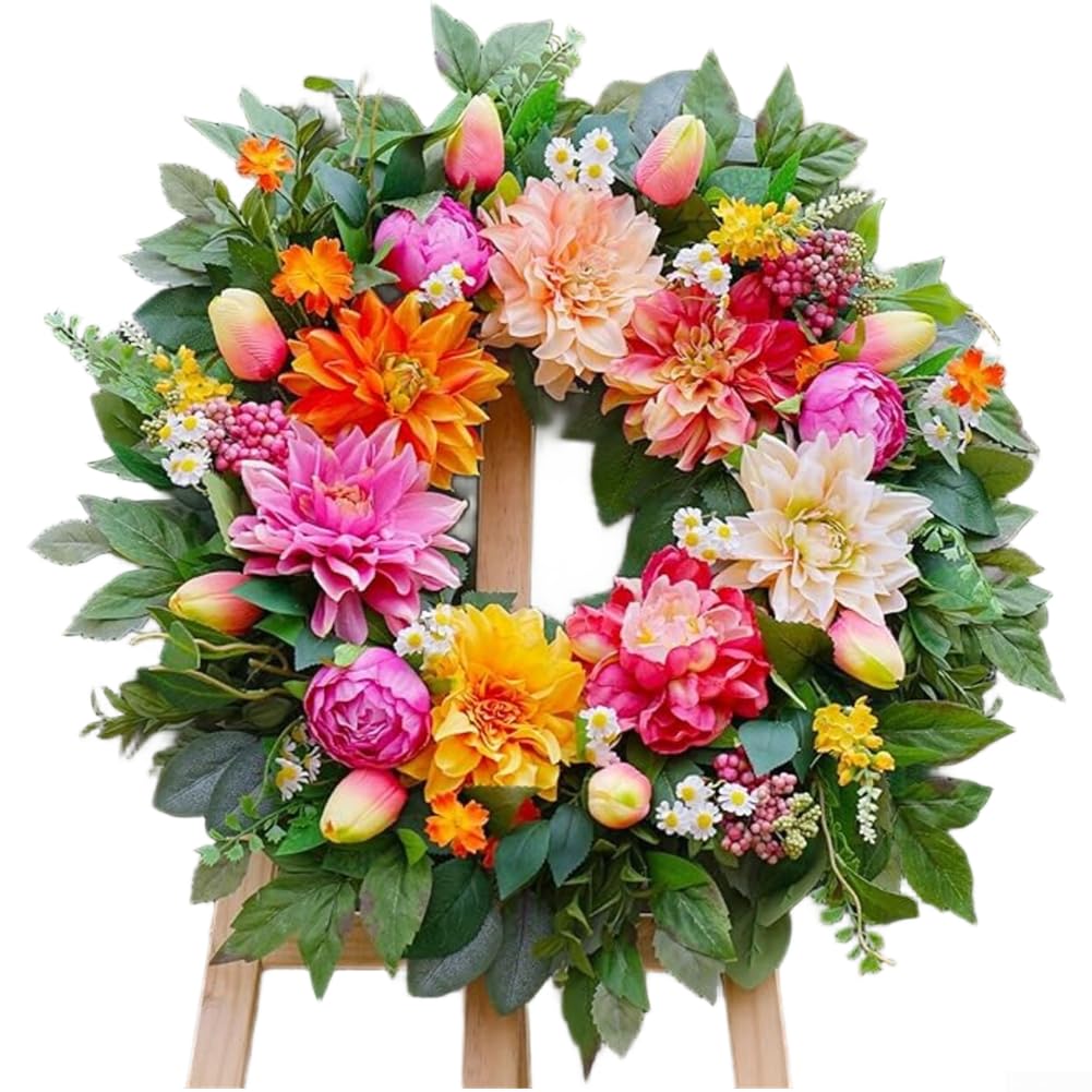 Ghirlanda di dalie in seta, 25 cm, resistente allo sbiadimento, decorazione per la casa | Intricate venature delle foglie, bordi realistici, profondità visiva, finitura naturale, accento domestico