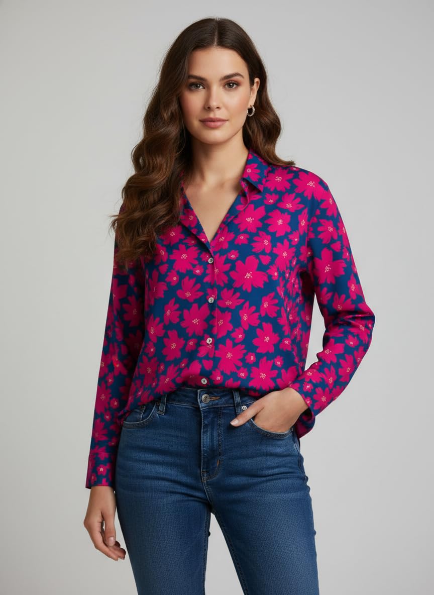 ANNI Designer Bedrucktes Damenhemd aus Baumwollmischgewebe, langärmelig, normale Passform, Hemdkragen, legere Bürokleidung, elegante Western-Kleidung für den Alltag, Hochzeit, Party