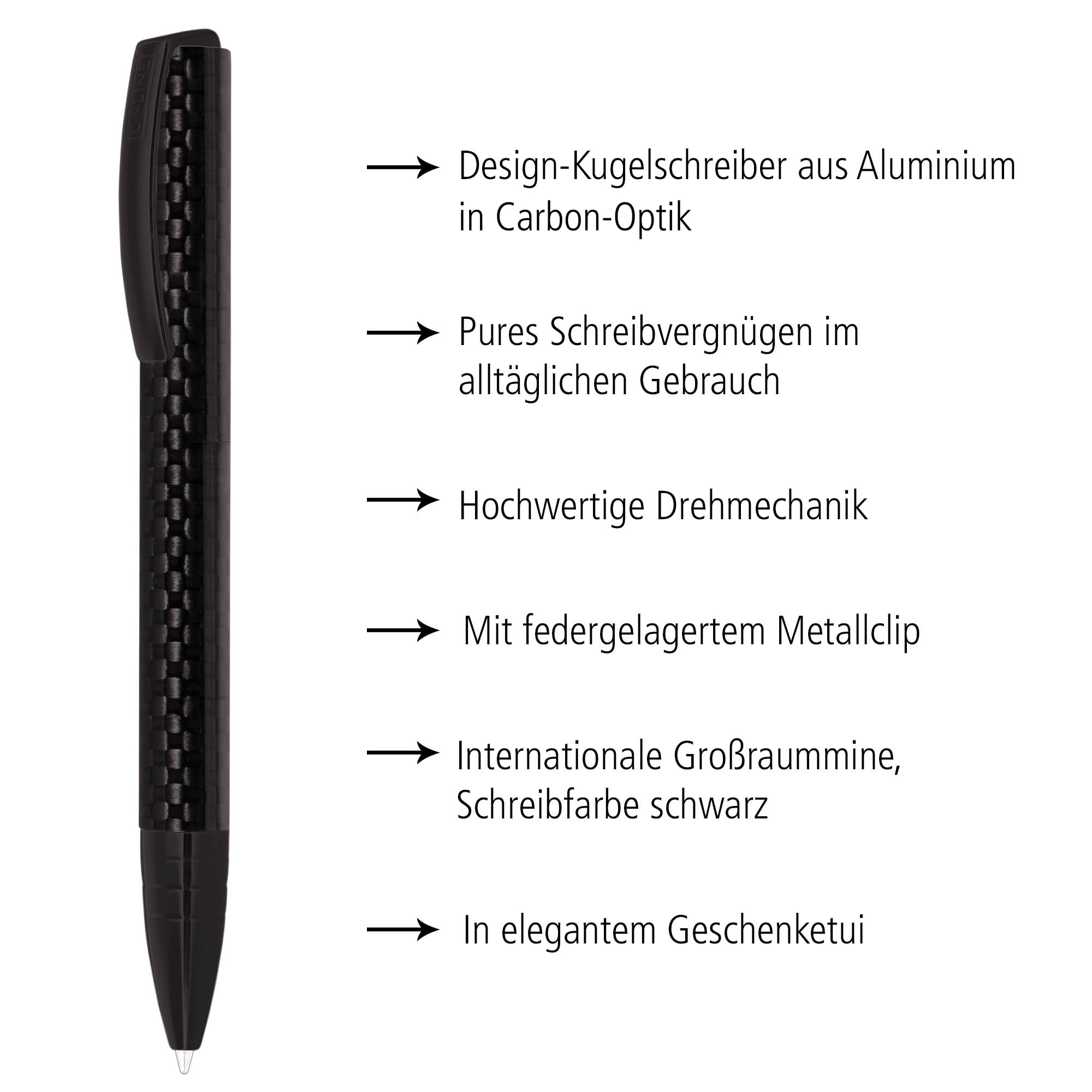 ONLINE ON36012 Drehkugelschreiber Vision Carbon mit internat. Großraummine Strichstärke M (mittel), Schreibfarbe schwarz, aus Aluminium und Carbon, in hochwertiger Geschenkbox