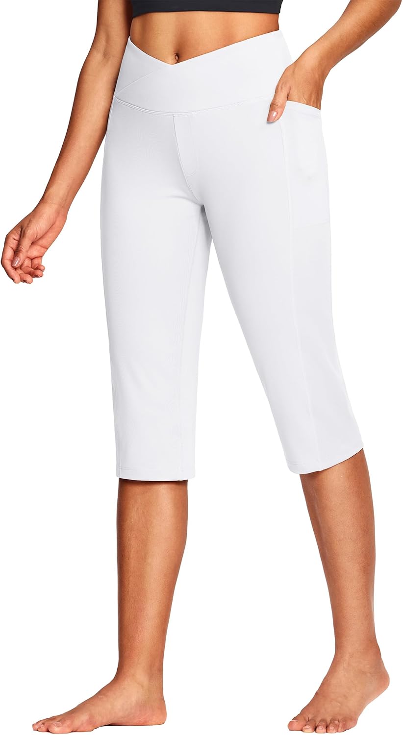 18" Capri Pants for Women High Waist V Crossover Women's Yoga Capris Breathable with Pockets for Workout Casual
