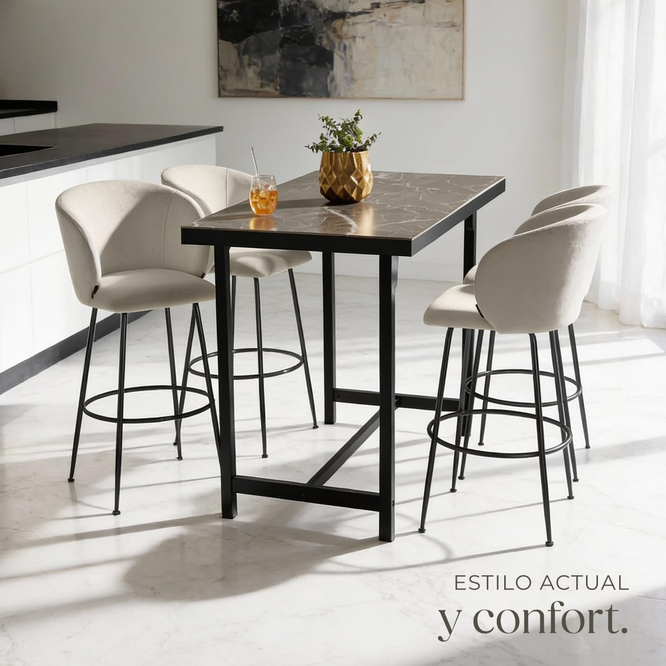 tectake® Taburete Alto con Respaldo Acolchado, Silla Alta de Cocina con Reposapiés, Banqueta con Patas de Acero y Topes Antideslizantes, Silla de Bar, Taburete de Cocina - 2 sillas Crema/Negro