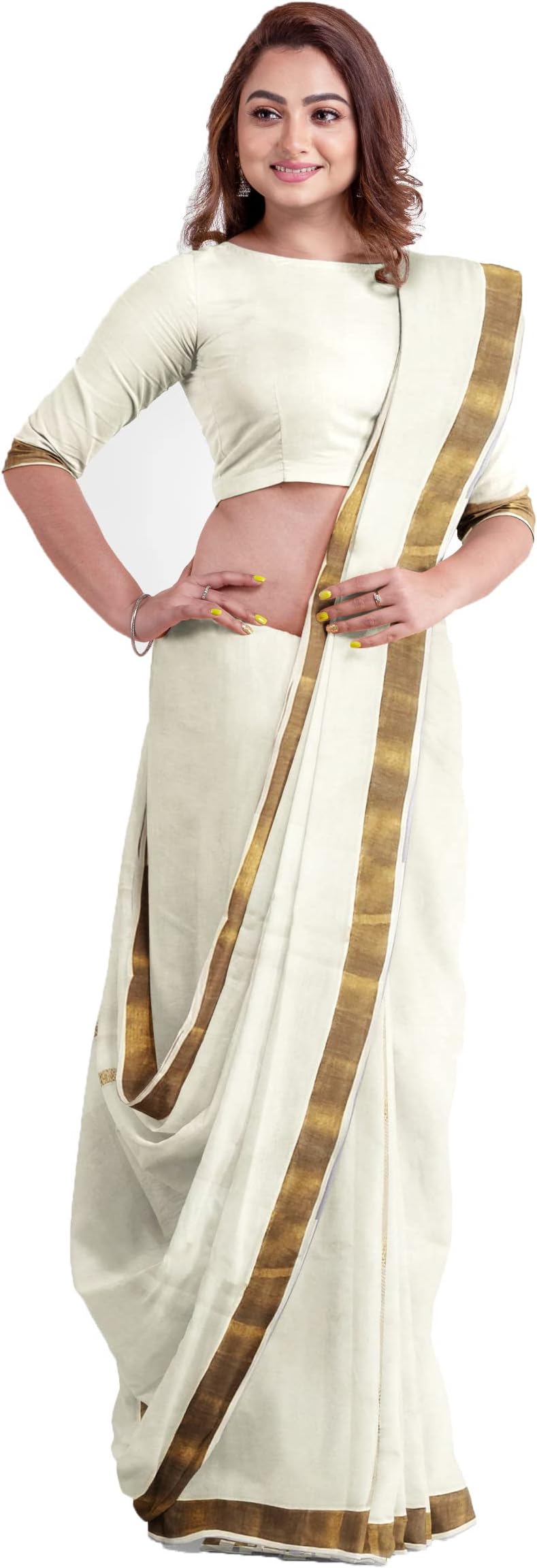 TEXATION Women's Kerala Kasavu Plain Cotton Saree With Running Blouse Piece (100% Cotton) (Saree 5.5 meter, Blouse 0.8 meter)