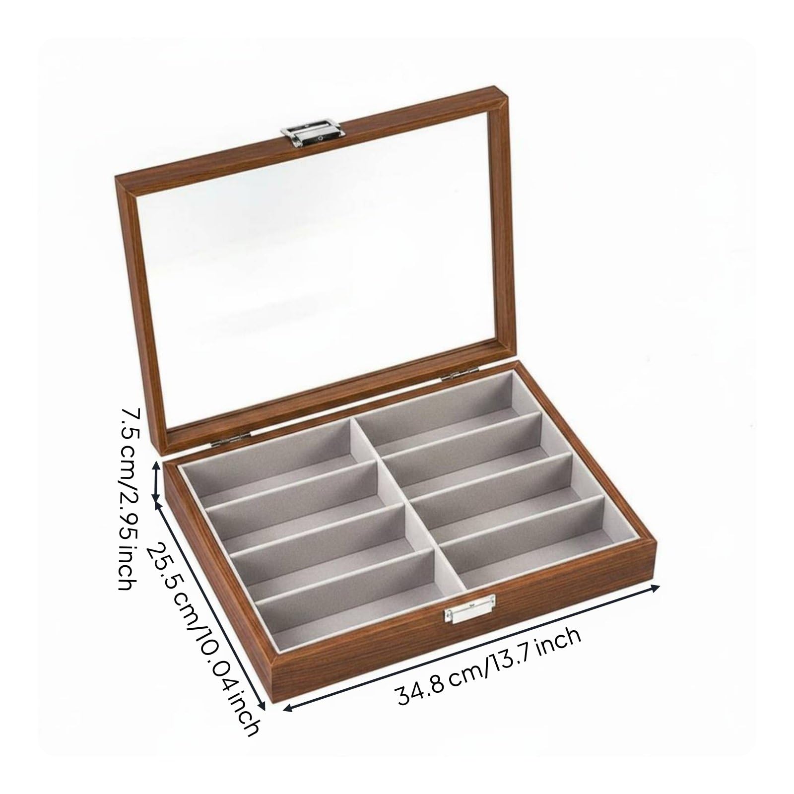Étui de Rangement Lunettes Boîte Présentation Organisateur Vitrine Couvercle Transparent avec Charnière et Fermoir Protection Contre la Poussière en, Marron, Marron Intérieur Gris