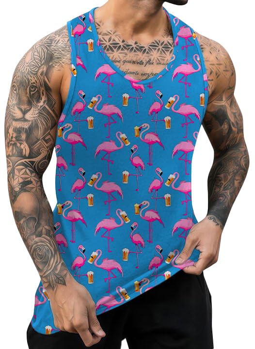 IWOLLENCE Tank Top Herren Baumwolle Printed Muskelshirt Ärmelloses Shirt Sommer Hawaii Hemd Lockeres Tanktop (Flamingo Bier L)