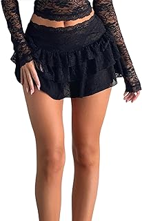 Edhomenn Women Floral Lace Skirt Ruffled Hem Sexy Mini Skirt for Beach Vacation Club Streetwear Y2k Aesthetic Clothes