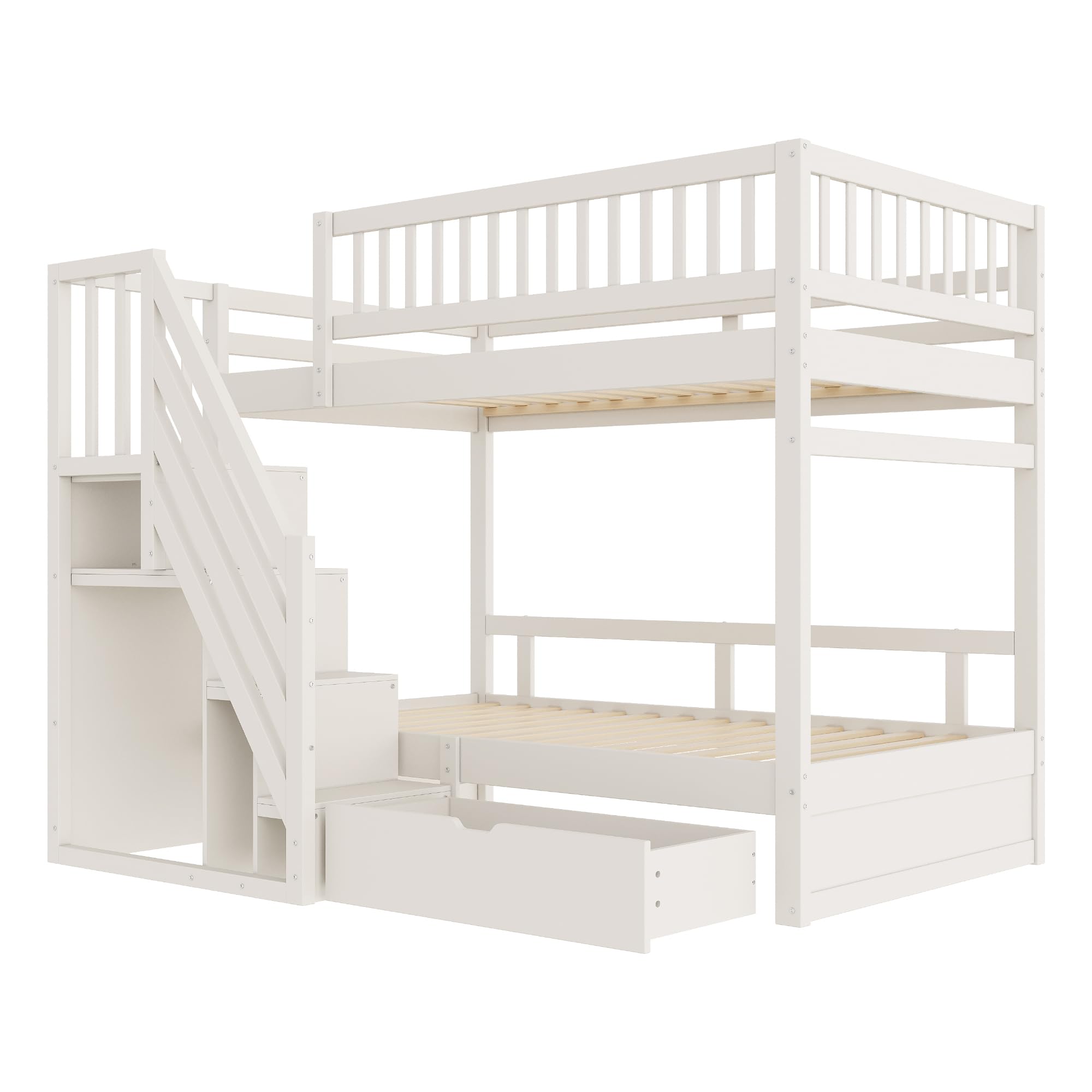 Soweiz Lettino per bambini 90 x 200 cm, in legno massello con rete di sicurezza elevata, con rete a doghe, scala di sicurezza con vano portaoggetti, letto per ragazzi (bianco)
