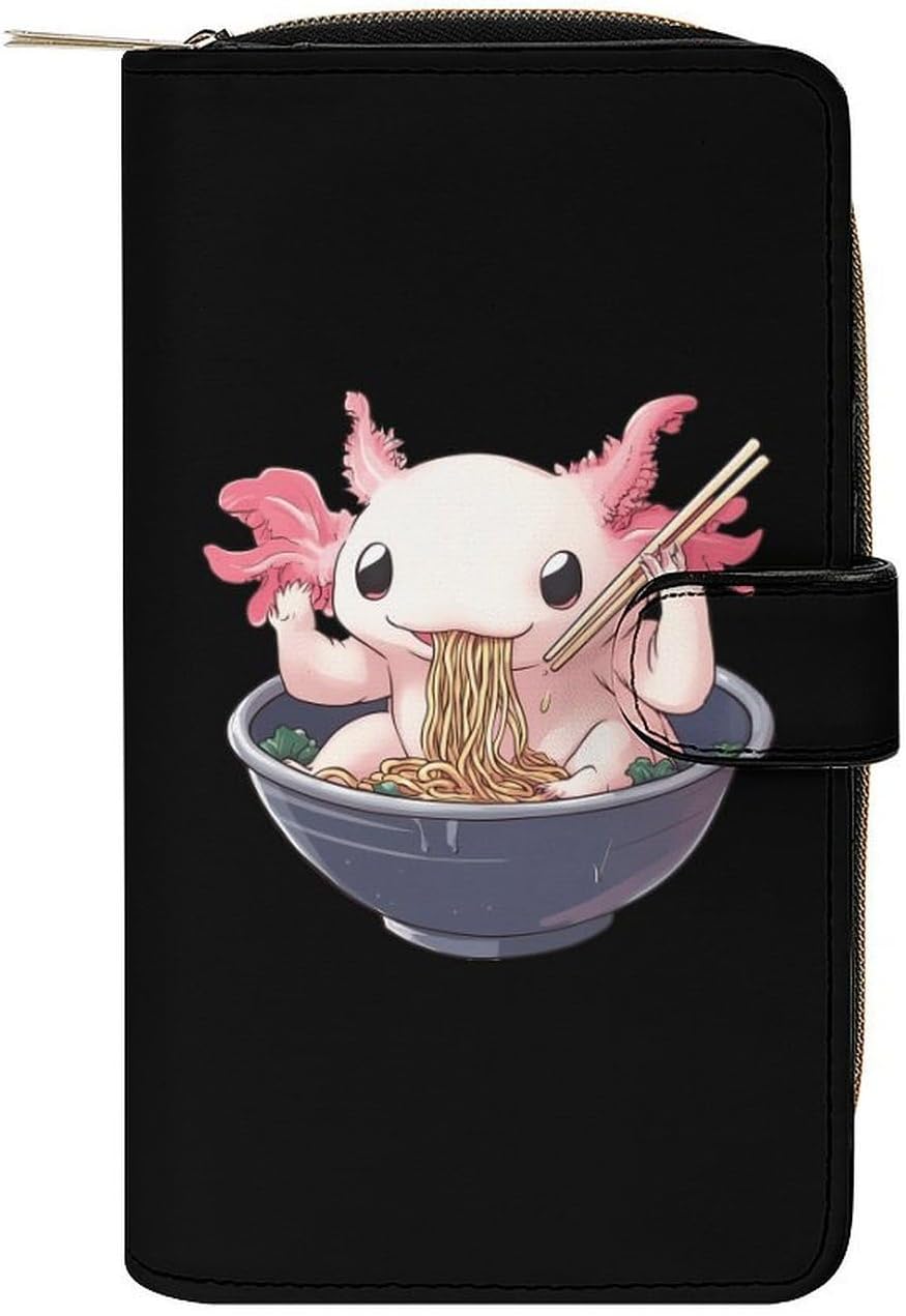 Axolotl Eating Ramen Noodles Women's Long Wallet Leather Large Capacity Wristlet Clutch Purse Wallets