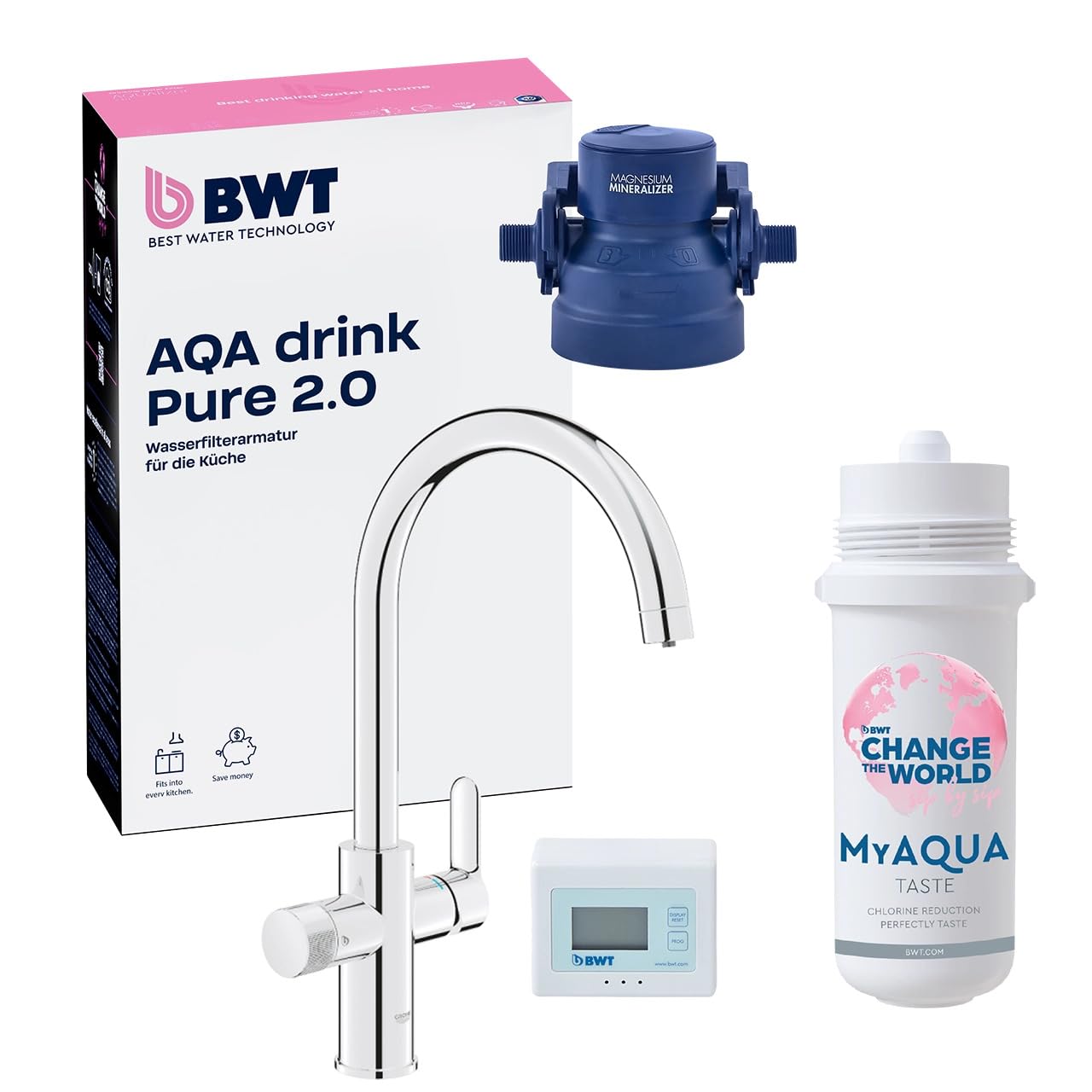 BWT Filtr do wody AQA drink Pure 2.0 z wkładem filtrującym "przycisk" | filtruje chlor i zanieczyszczenia organiczne | system filtrów do wody pitnej z armaturą | neutralny smak
