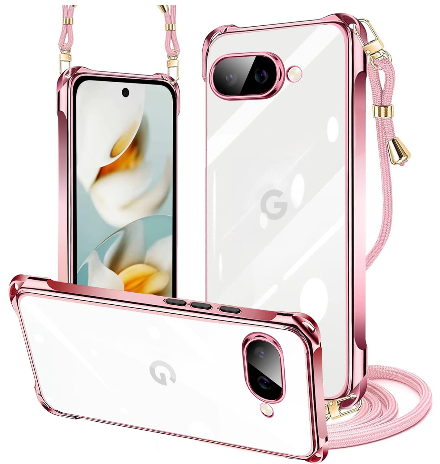 PAILAIMEN Google Pixel 9a ケース クリア ネック ショルダー pixel 9a ケース 耐衝撃 対応 ピクセル9a スマホケース 肩掛け 斜めかけ 縄掛け カバー メッキ加工 透明 TPU 薄軽型 ストラップ付き 携帯ケース ネックストラップ ショルダー 肩掛け 長さ調整可能 取り外し可能 落下防止 擦り傷防止(ローズゴールド)