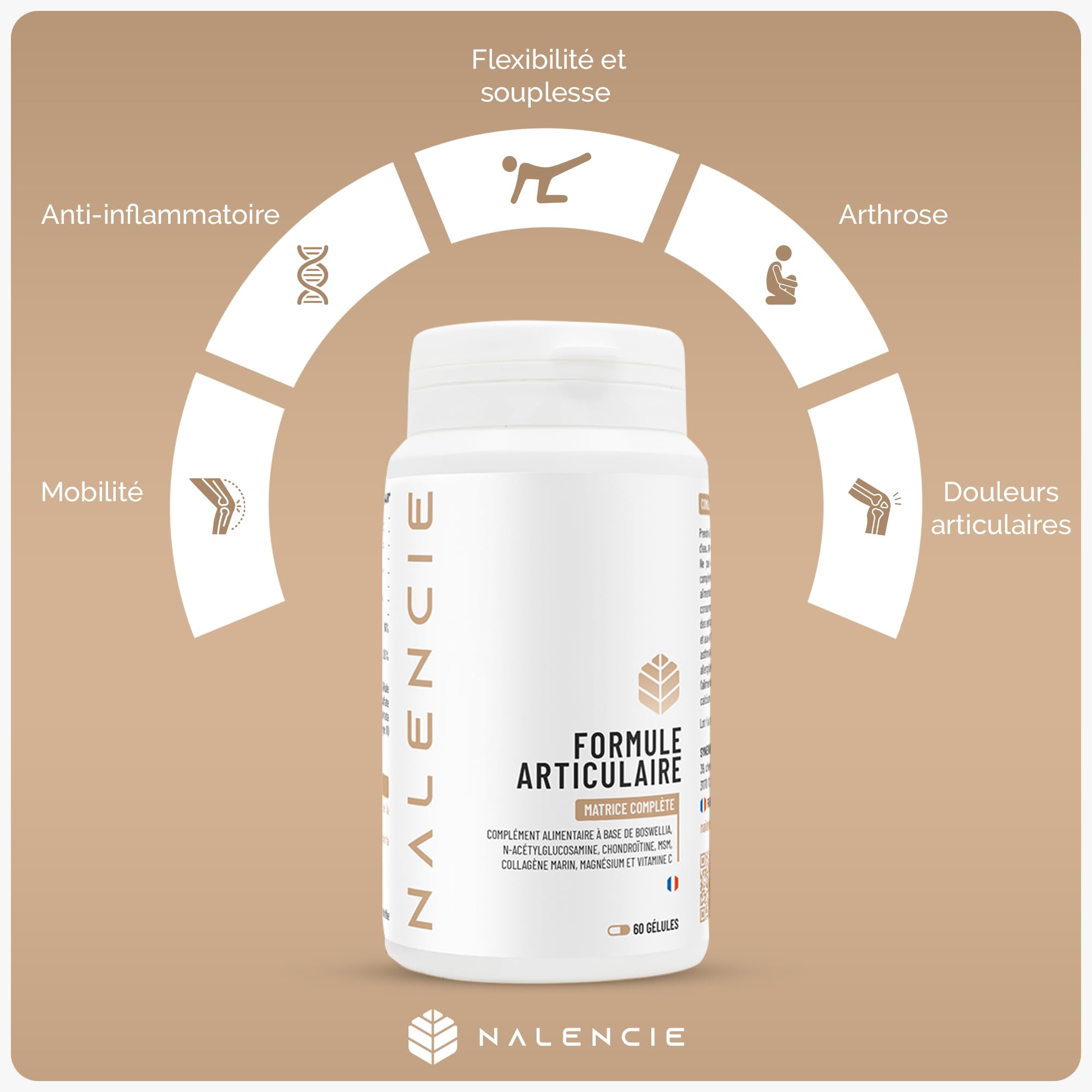 Formule Articulations Complète - Anti douleurs - 7 Actifs : Glucosamine, Chondroïtine Marine, MSM, Collagène Marin, Boswellia, Vitamine C, Magnésium – 60 Gélules – Fabrication Française