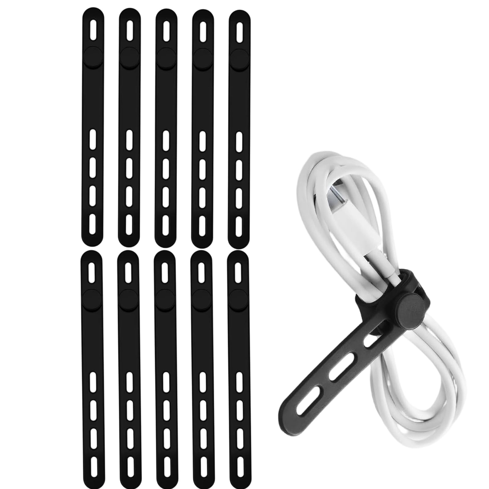Kemay Black 10 Pack Silicone Cable Ties Reusable Rubber Straps Cable Tidy Wire Organiser Clip For Appliance Cord Data Cable Wrap (Black)